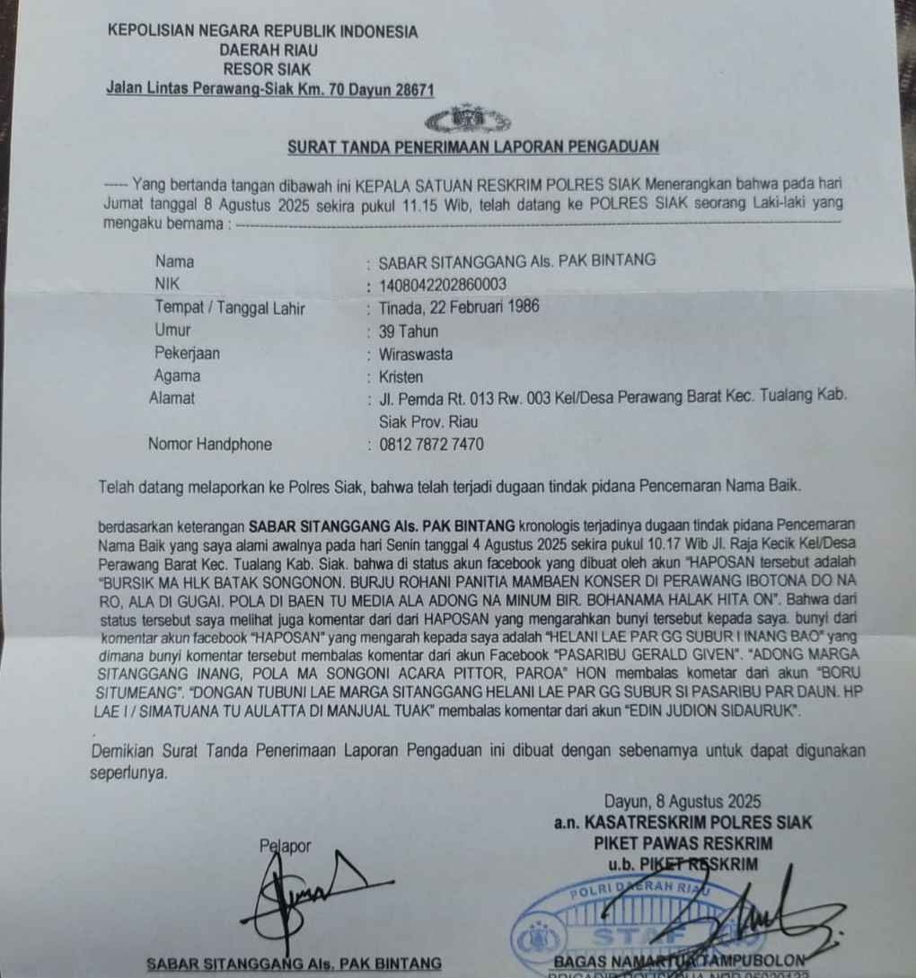 Masyarakat Laporkan Oknum DPRD Siak di Polres."minta Kapolres siak, Hukum jangan tajam kebawah, tumpul di atas".