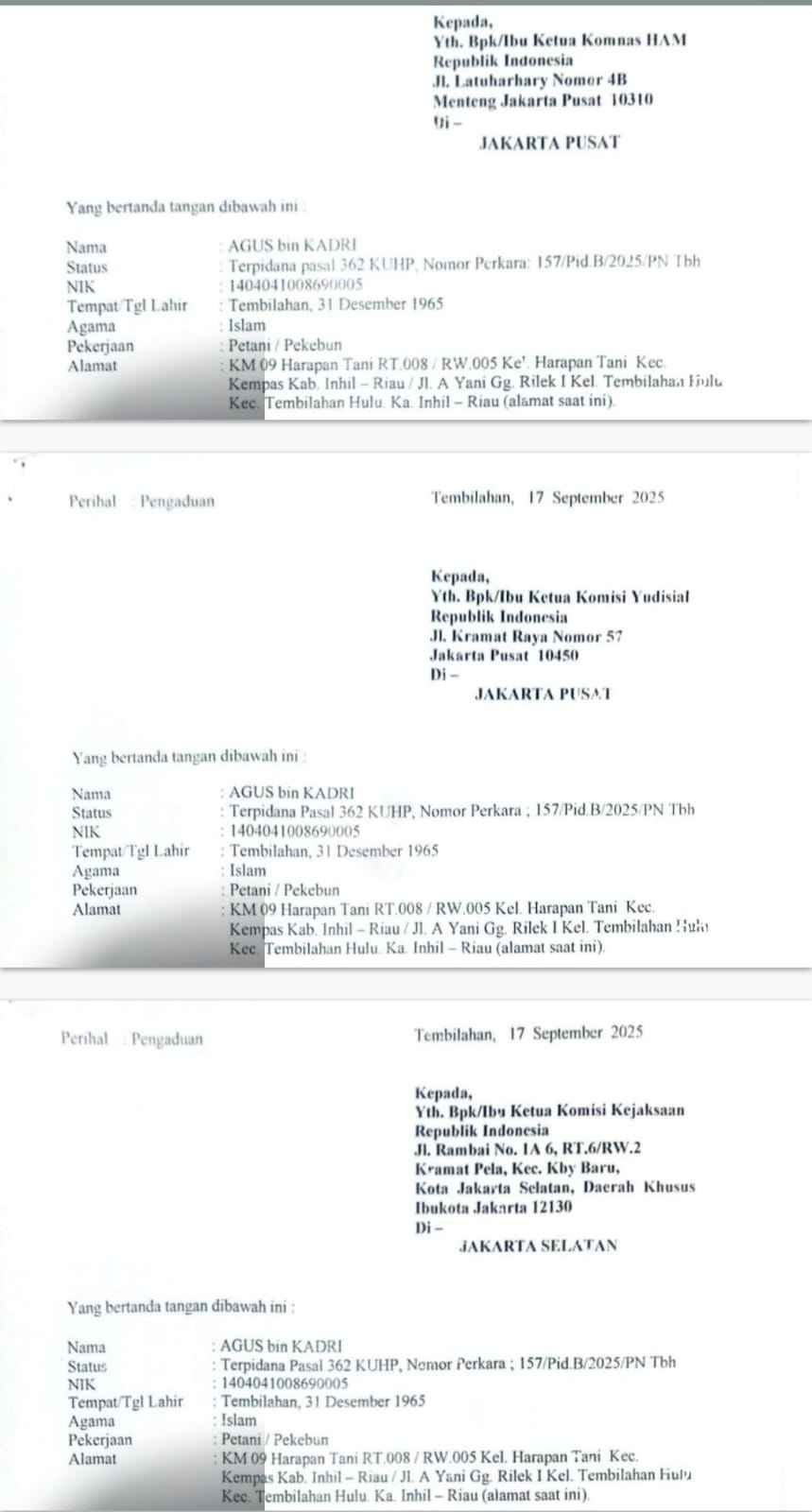 Merasa tak Adil dan Dizalimi, Agus Bin Kadri Mengadu ke Komnas HAM, Komisi Yudisial dan Komisi Kejaksaan RI